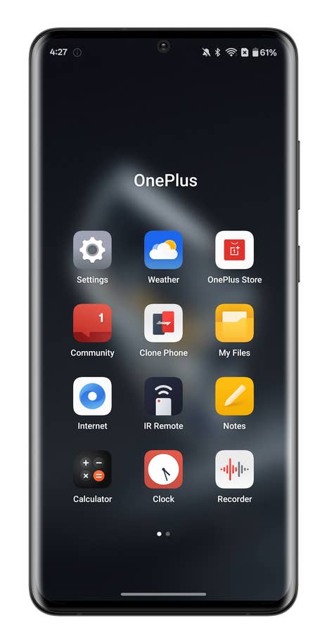 OnePlus smartphone screen displaying various app icons and the time 4:27.