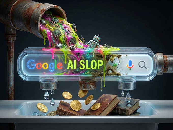 AI Slop is tipped into the Google search through a pipe. Clean results come out at the bottom.