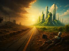 A dystopian landscape with a robot and a futuristic city emerging from the horizon.