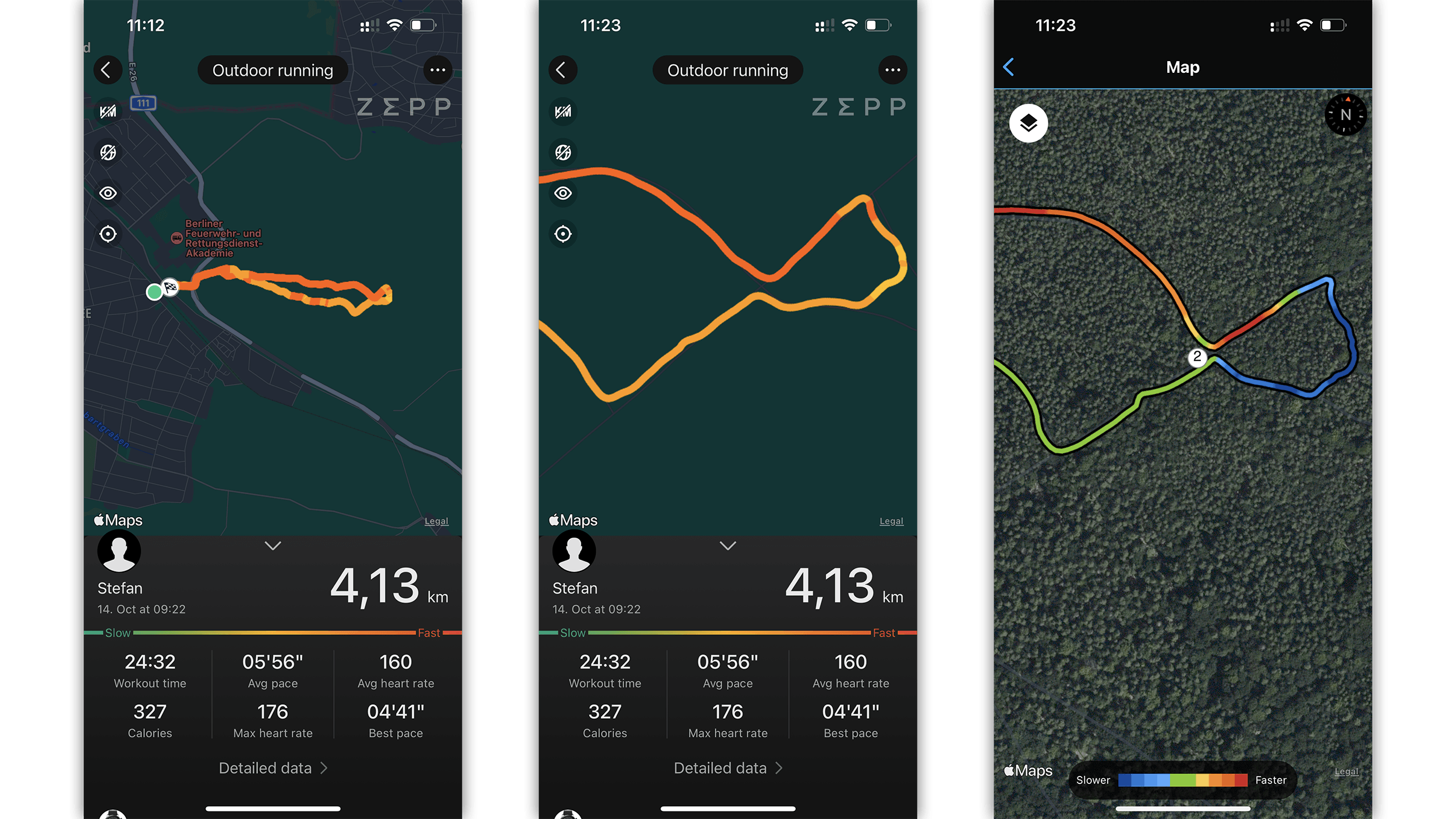 The Amazfit GTR 4 offers very good GPS accuracy (left, center), even compared to the Garmin Forerunner 955, which is more than twice as expensive. Amazfit GTR 4 Screenshots