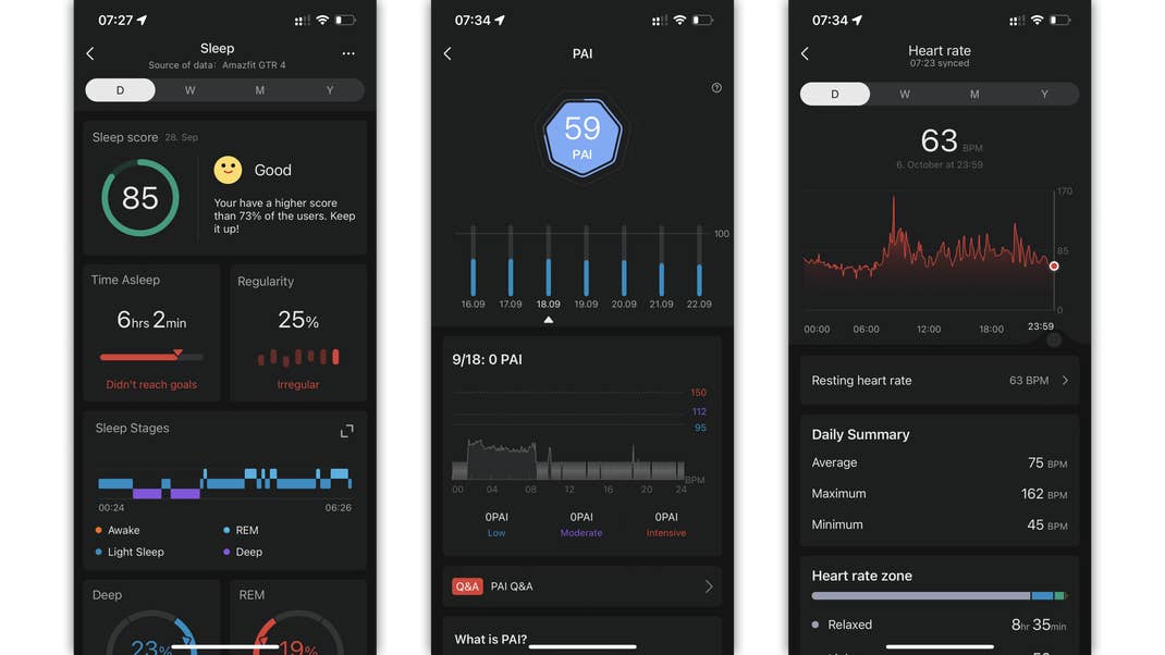 The Amazfit GTR 4 measures your sleep and also provides values for the Personal Activity Index (PAI) and the pulse rate or resting pulse. Amazfit GTR 4 Screenshots