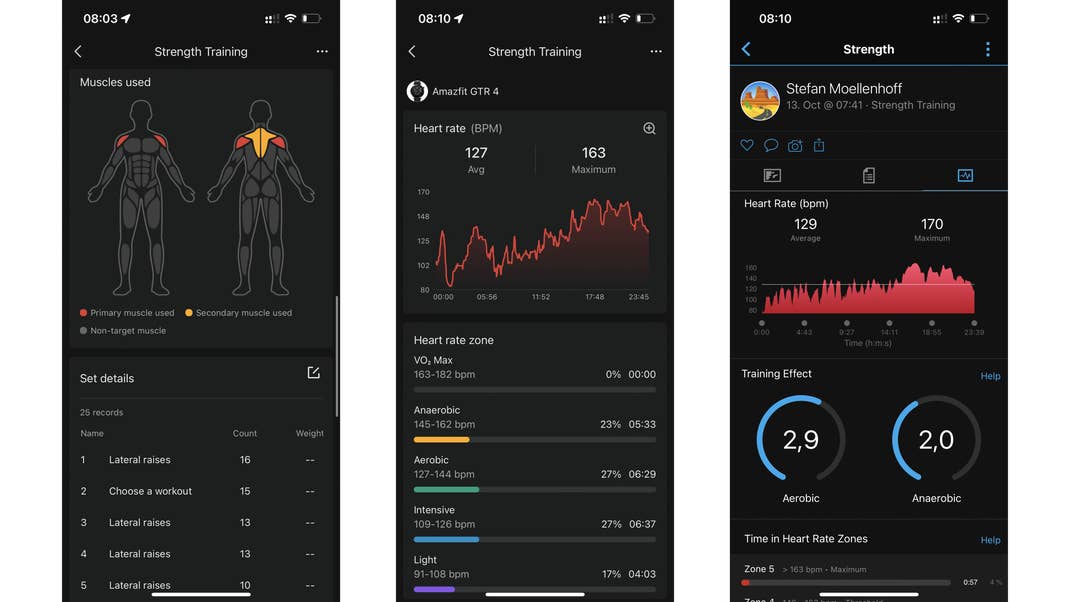 These screenshots clearly show how the Garmin chest strap detects the rapidly increasing and decreasing heart rates in the individual sets. The optical pulse sensor is much slower here. Amazfit GTR 4 Screenshots