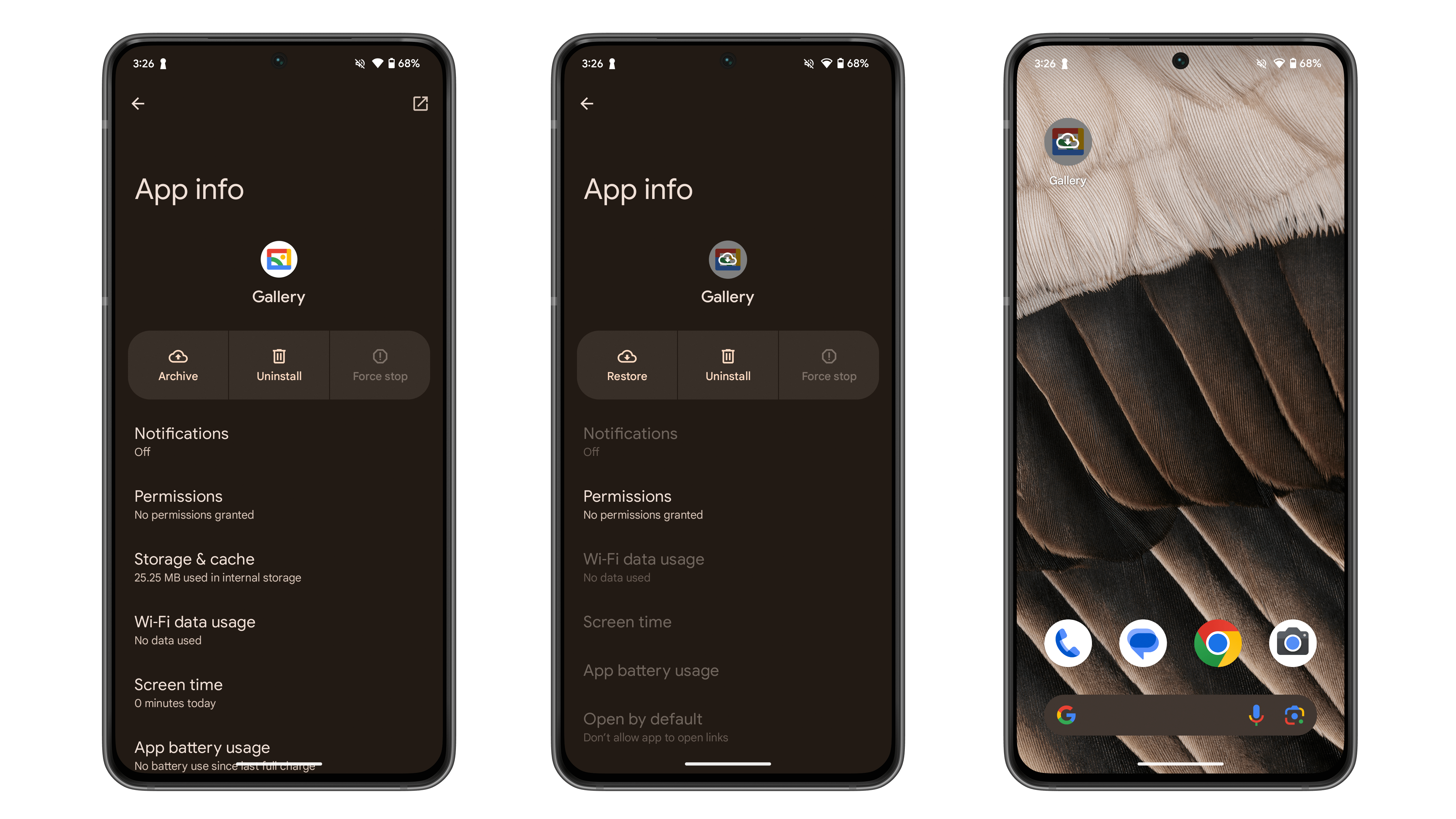 Screenshots showing the new "Archive app" option in Android 15 Beta 1