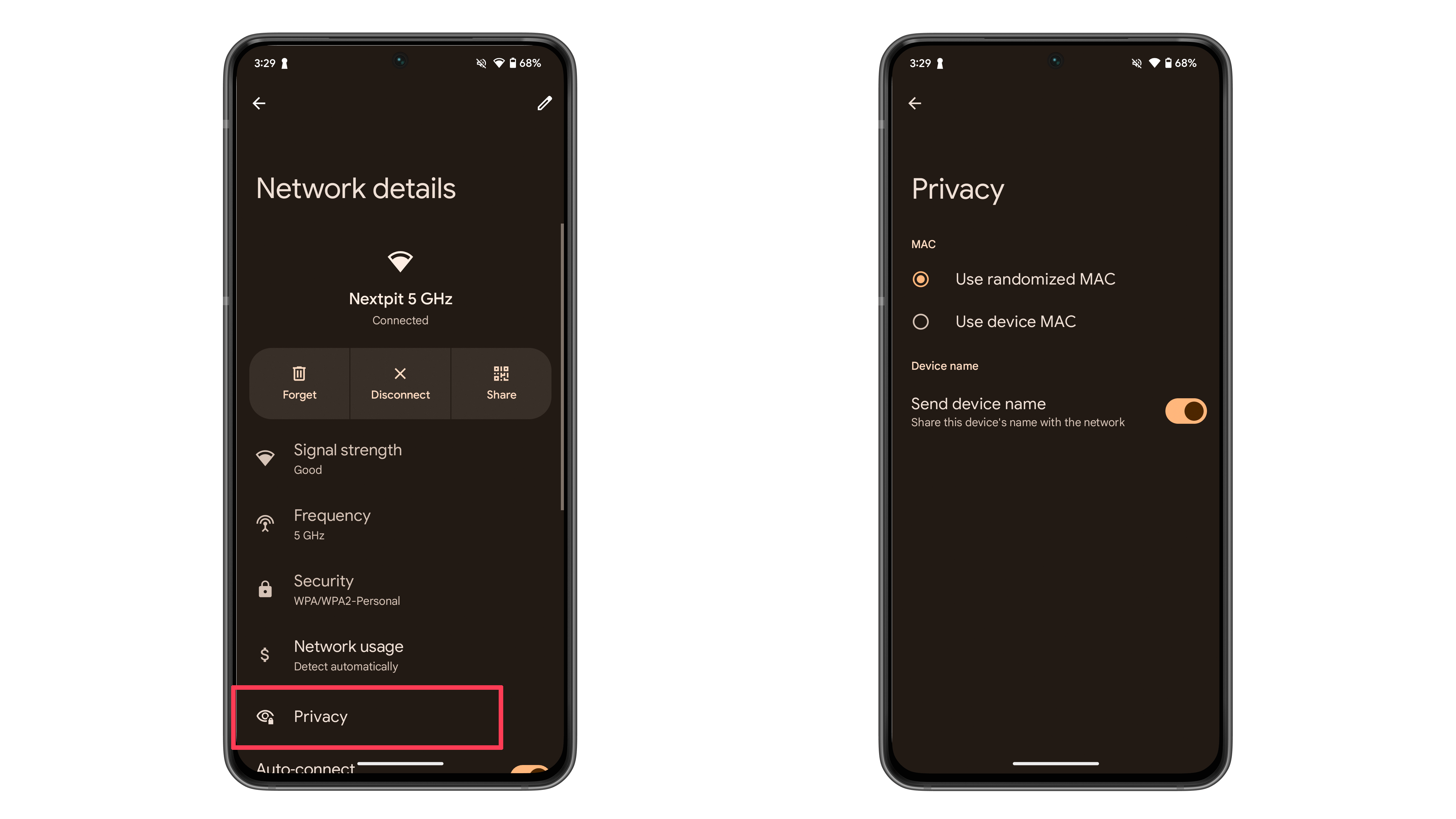 Screenshots showing the new Wi-Fi privacy settings in Android 15 beta 1