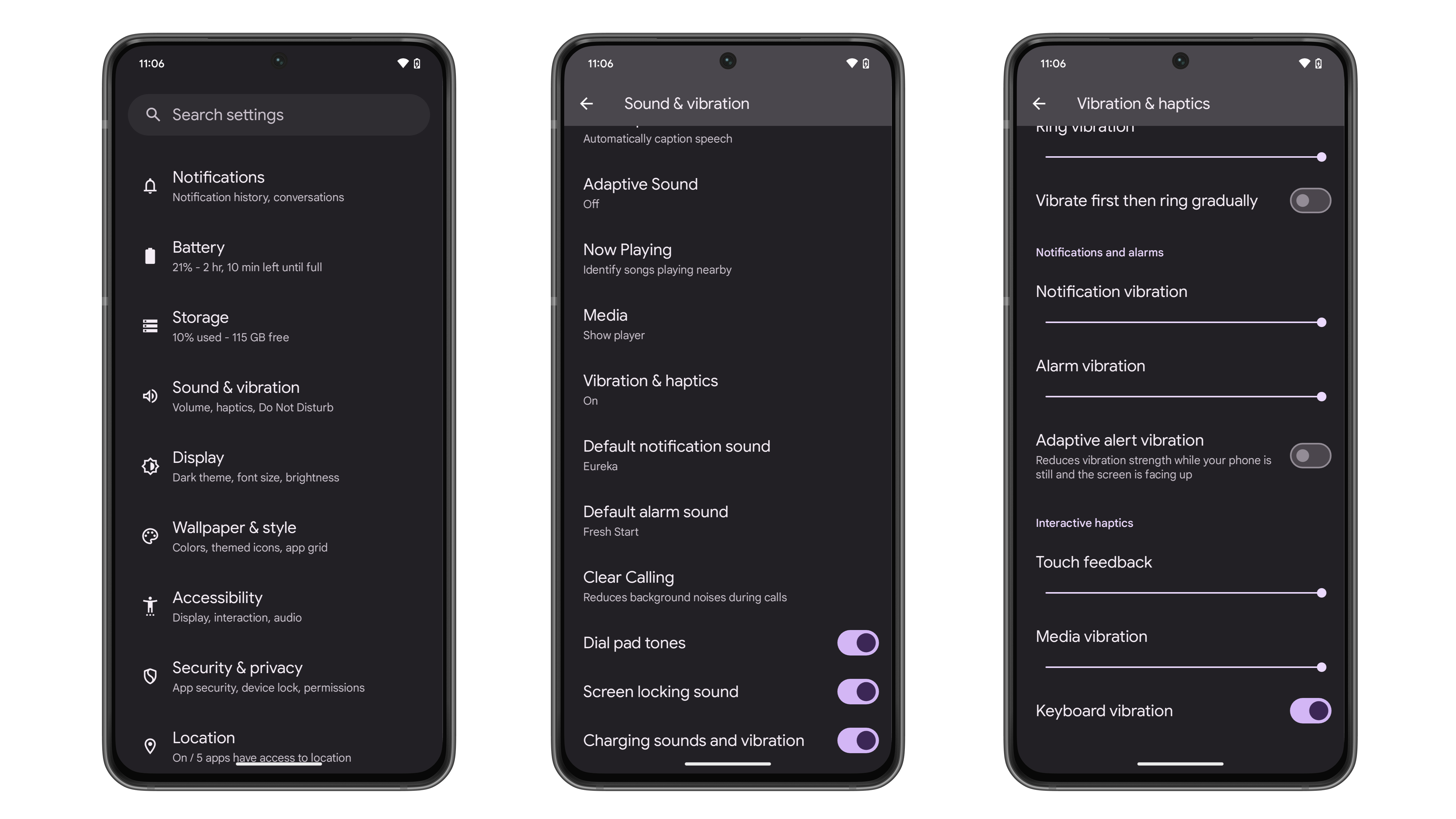 Android 15 screenshots showing the new Keyboard haptics option
