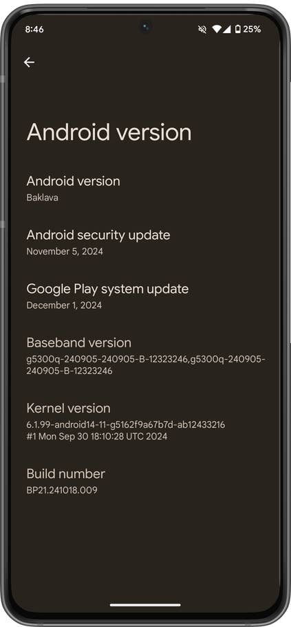 Android version screen showing Baklava, security update, system update, baseband, kernel, and build number.