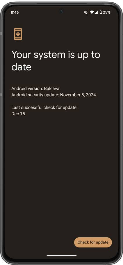 Android device screen showing system update status: up to date with Android version Baklava.