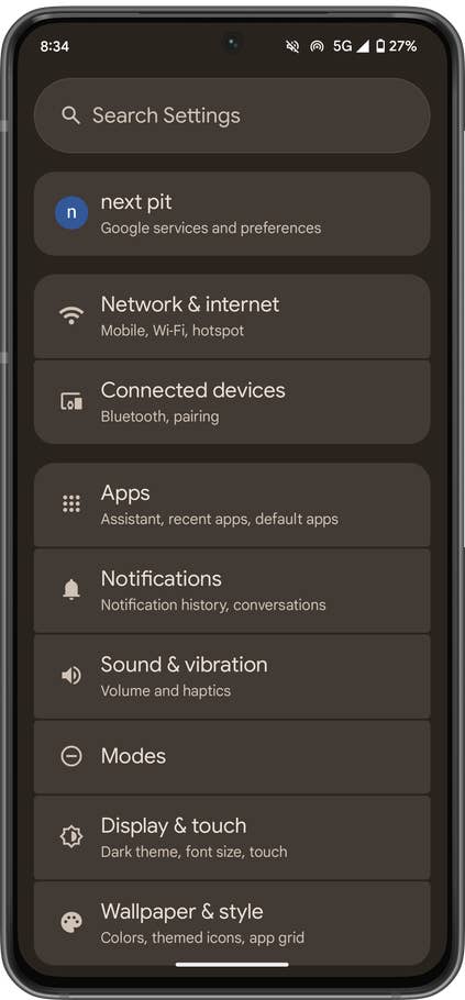 Settings menu on Android 16 developer preview, showing options like Network, Apps, and Display.