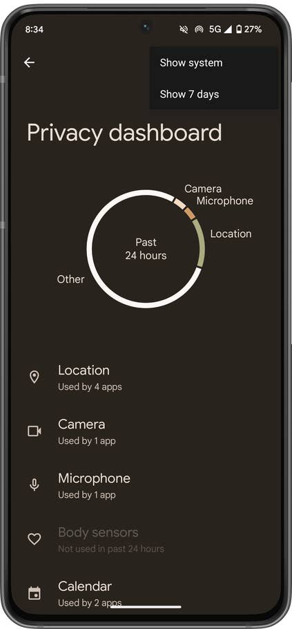 Privacy dashboard showing app usage for location, camera, microphone, and calendar over the past 24 hours.