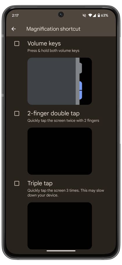 Developer preview screen for Android 16 displaying magnification shortcut options.
