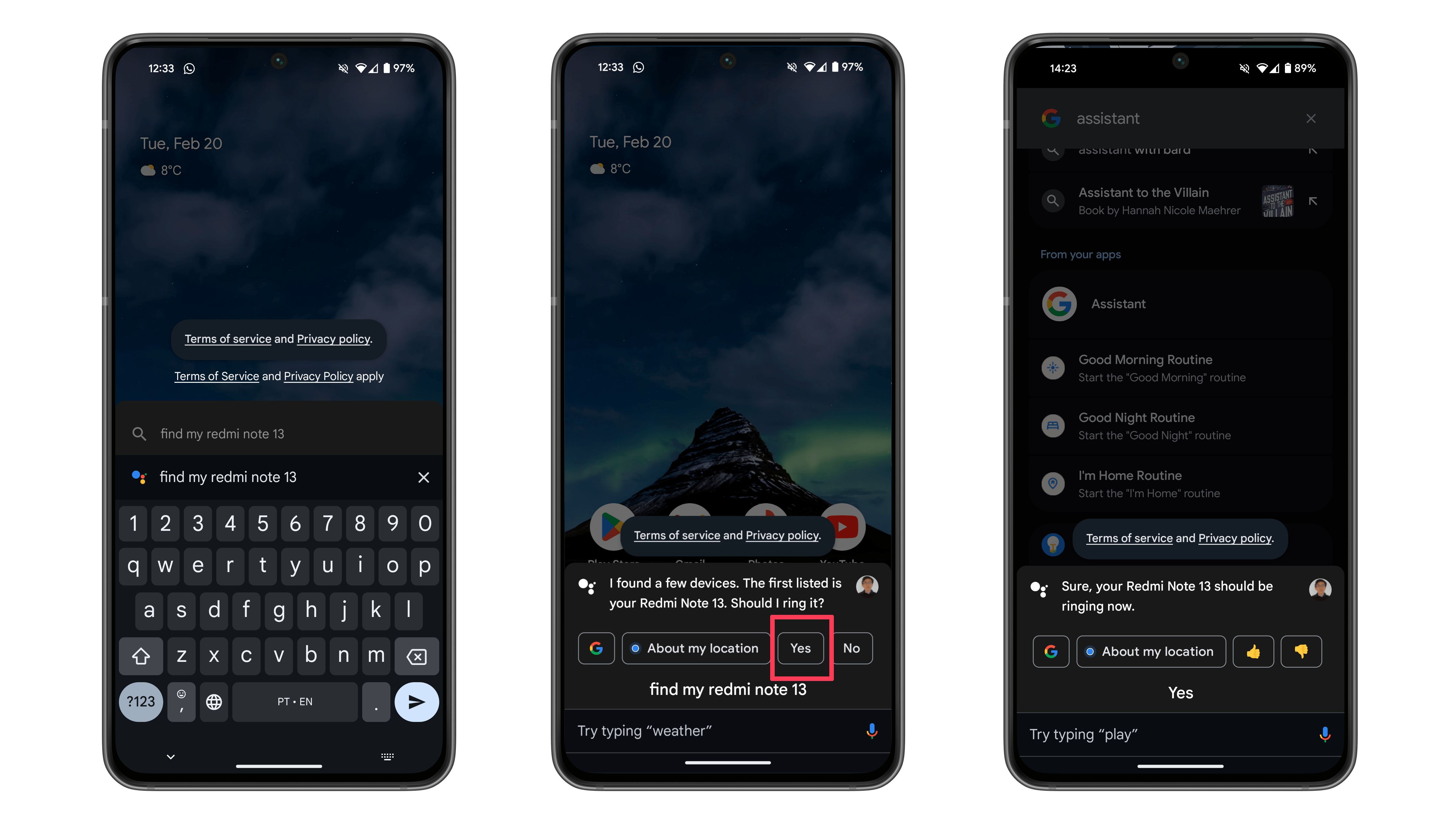 Screenshots showing how to find a phone using Google Assistant
