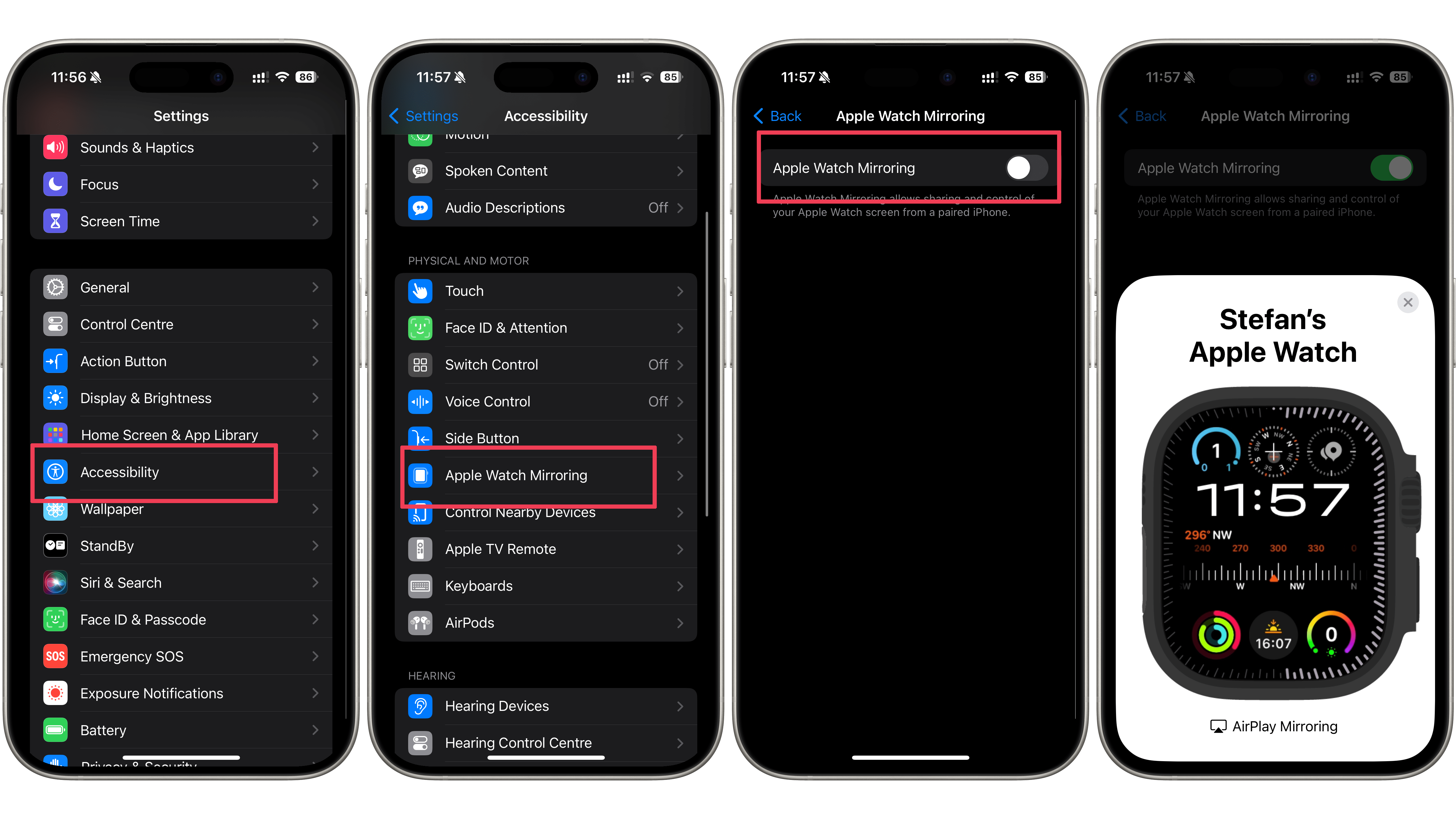 Apple Watch mirroring is activated on the Accessibility options in the Settings app.