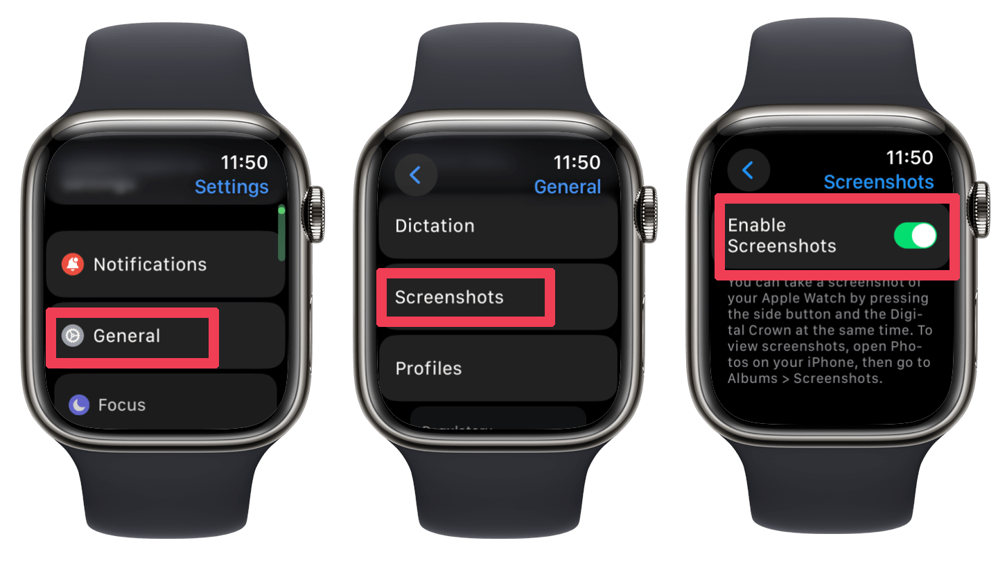 Screenshots showing how to enable screenshots on the Apple Watch