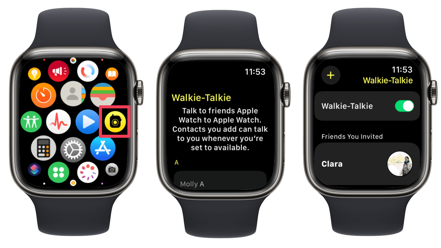 Screenshots showing how to use the Walkie-talkie option between two Apple Watches