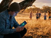 A teenager with a smartphone sits in the shade of a tree while children play in the background.