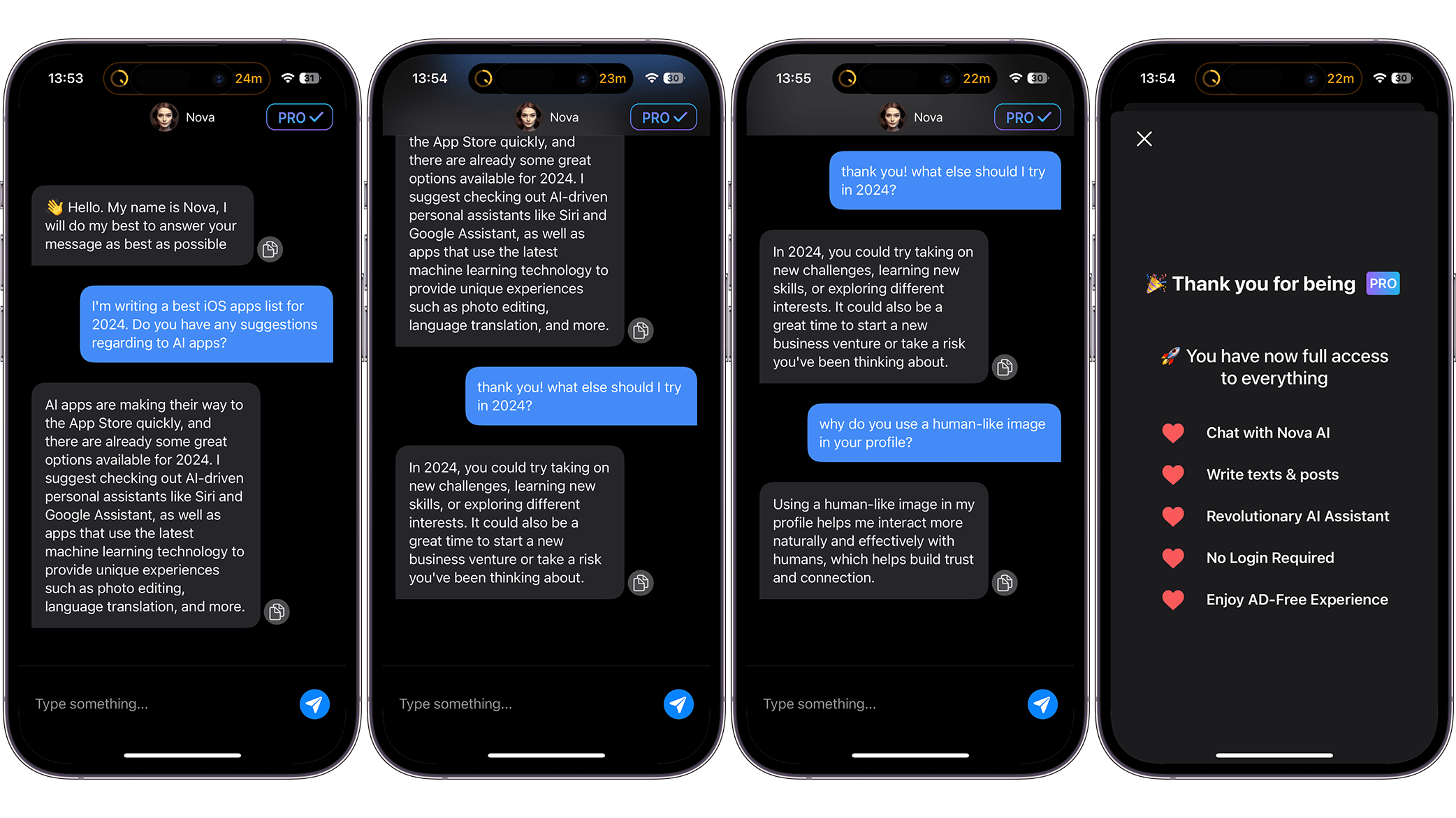 Screenshots of the Nova AI app user interface