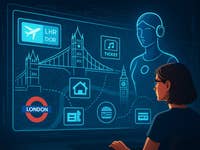 A person interacts with a digital interface displaying travel-related information about London.