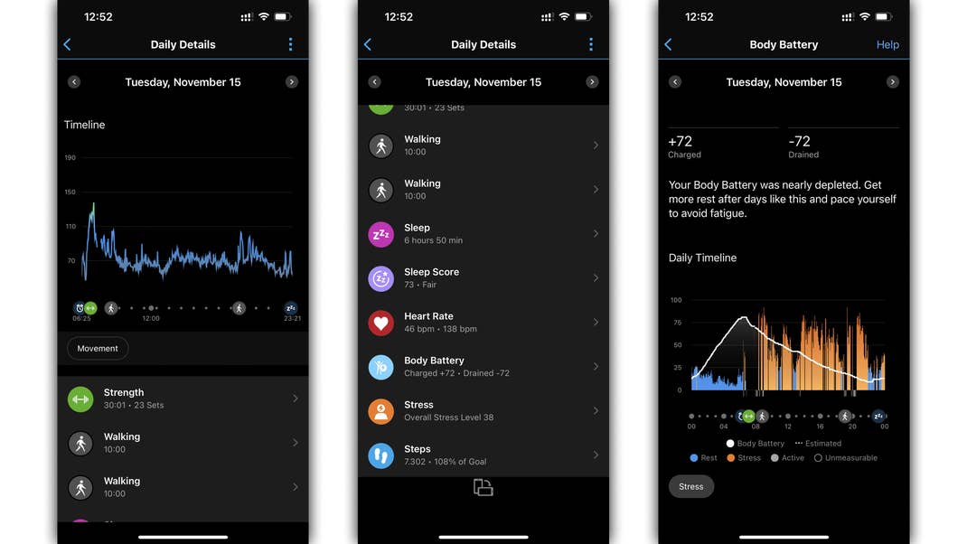 Durch erholsamen Schlaf oder Ruhepausen ladet Ihr den Akku Eures Körpers wieder auf – Stress und körperliche Aktivität dagegen zehren am Akku. Garmin Forerunner 955 Screenshot