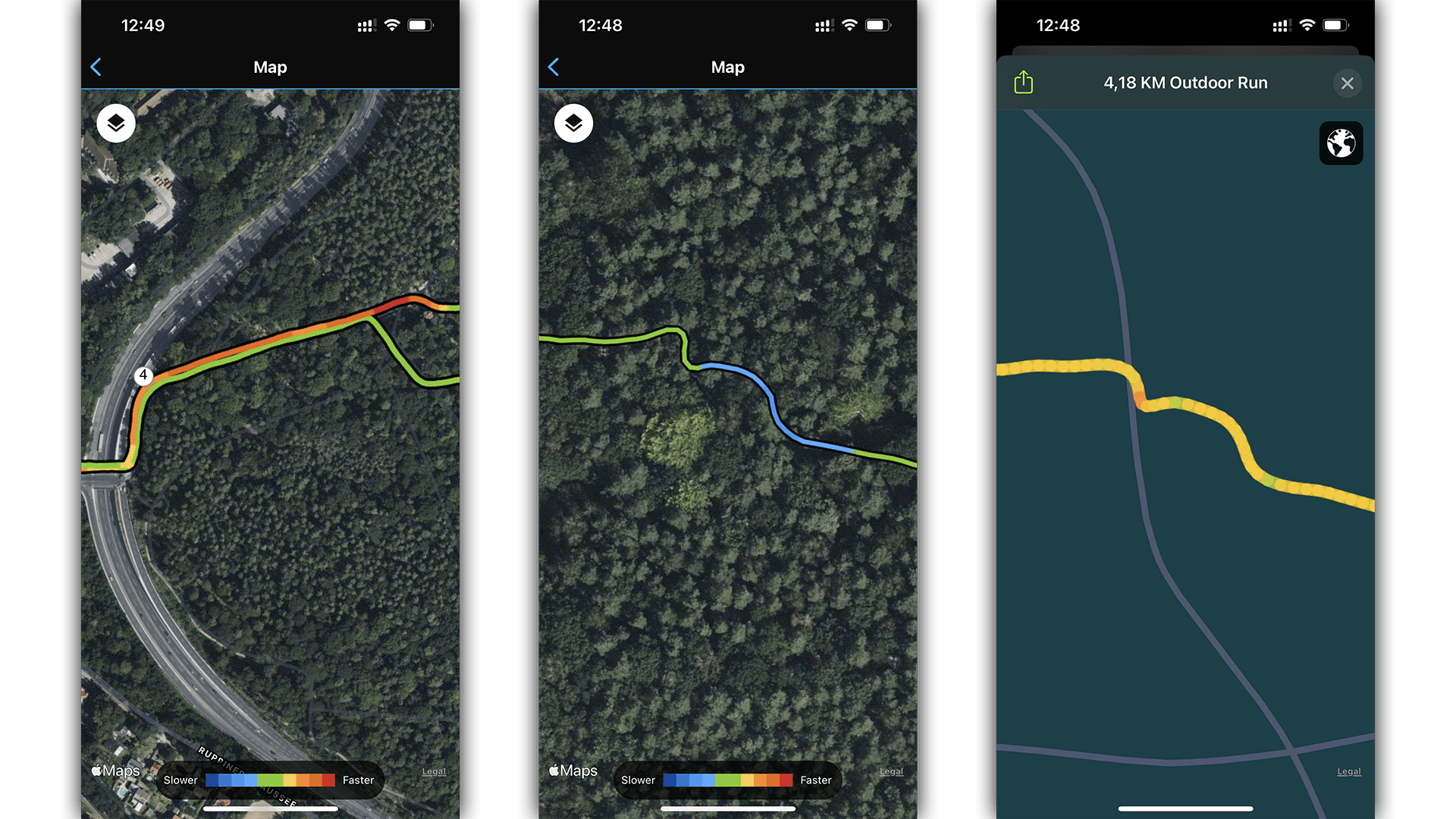 Die Garmin Forerunner 955 schlägt sich bei der GPS-Genauigkeit ganz ähnlich wie die Apple Watch Ultra, zu sehen rechts im Bild beim gleichen Streckenabschnitt. Mal scheint Garmin etwas genauer, mal Apple. Garmin Forerunner 955 Screenshot