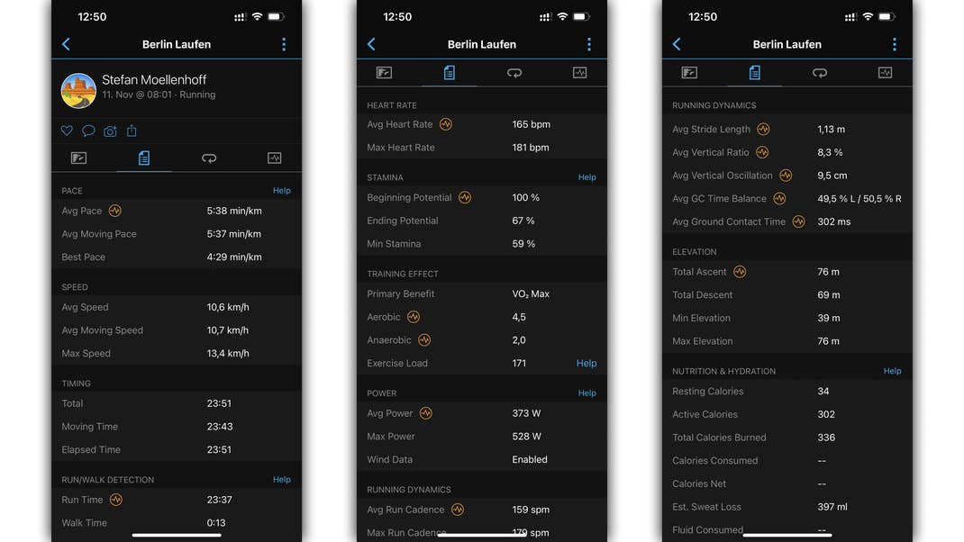 Die Garmin Forerunner 955 bietet ausführliche Analysen Eurer Läufe. Garmin Forerunner 955 Screenshot