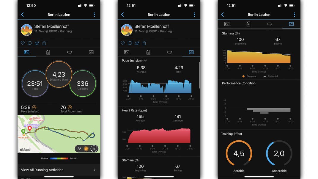 Auf Wunsch zeigt die Garmin-App die Daten auch nett aufbereitet an. Garmin Forerunner 955 Screenshot