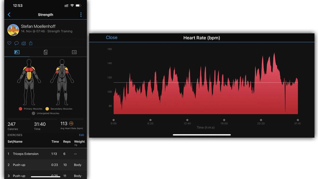 Beim Krafttraining – hier Brusttraining – erkennt die Forerunner 955 die Übungen automatisch und visualisiert die Trainingsbelastung nach Muskelgruppen. Garmin Forerunner 955 Screenshot