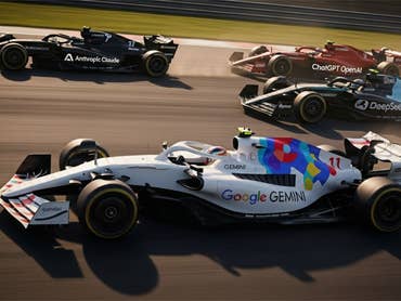 Several racing cars duel on the track, the car with the Gemini logo is in the lead.