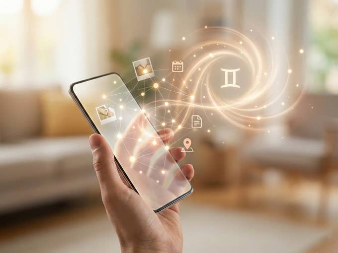 A smartphone is held in your hand and you can see data symbolically flying around.