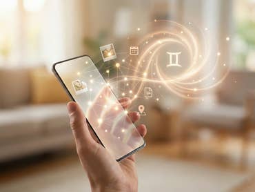 A smartphone is held in your hand and you can see data symbolically flying around.