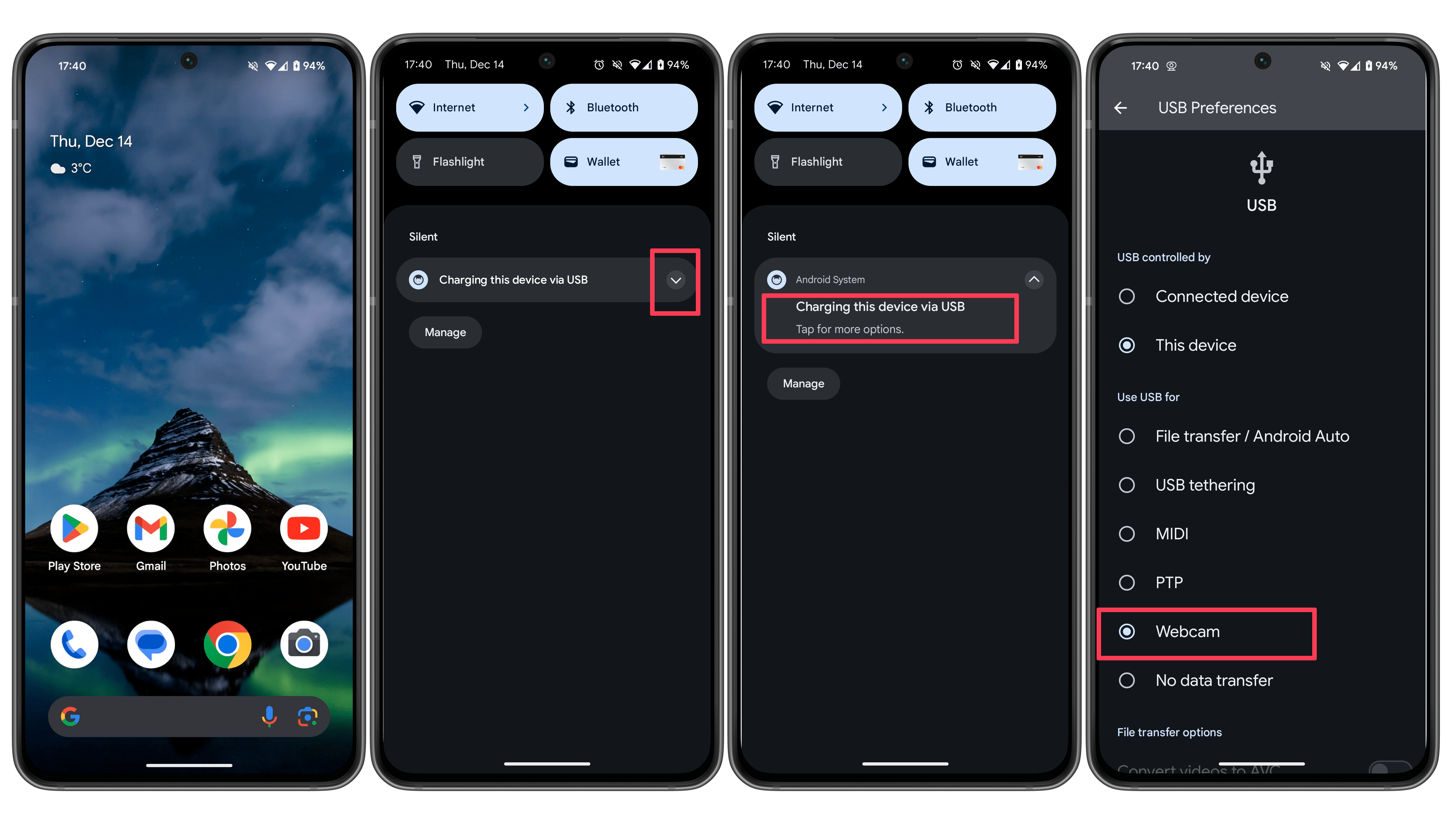 Screenshots showing the steps to use the Pixel phone as a webcam.