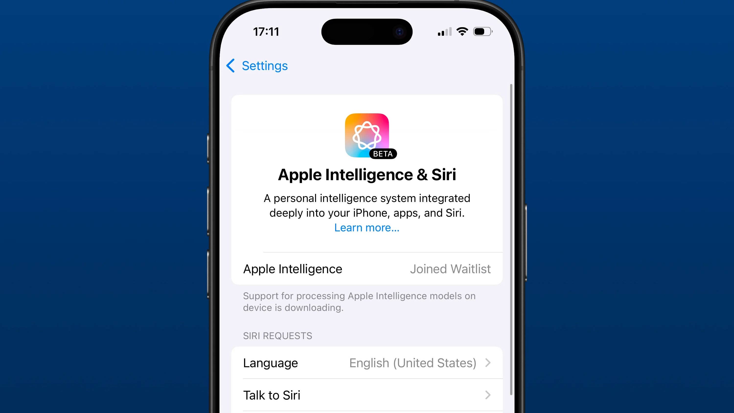 Screenshot of Apple Intelligence settings within iOS 18.1