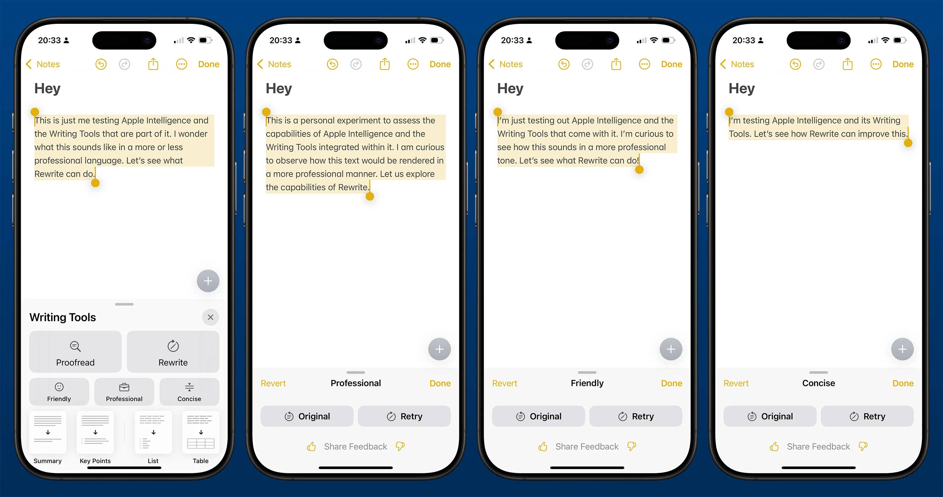 Screenshots of Writing Tools in iOS 18.1