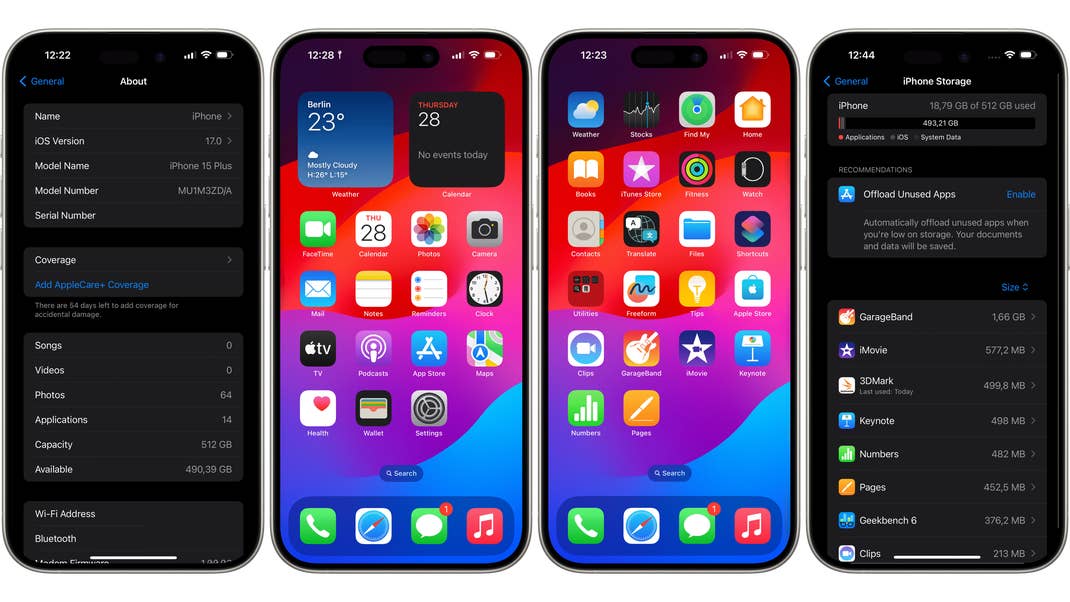 iPhone 15 Plus system software screenshots