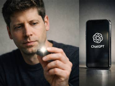 Sam Altman from OpenAI holds an unrecognizable device. Next to it a cell phone with ChatGPT.