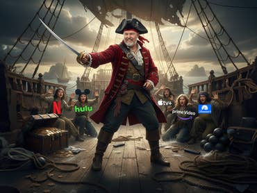 A pirate with a sword stands on a ship, surrounded by frightened crew members. Streaming service logos visible.