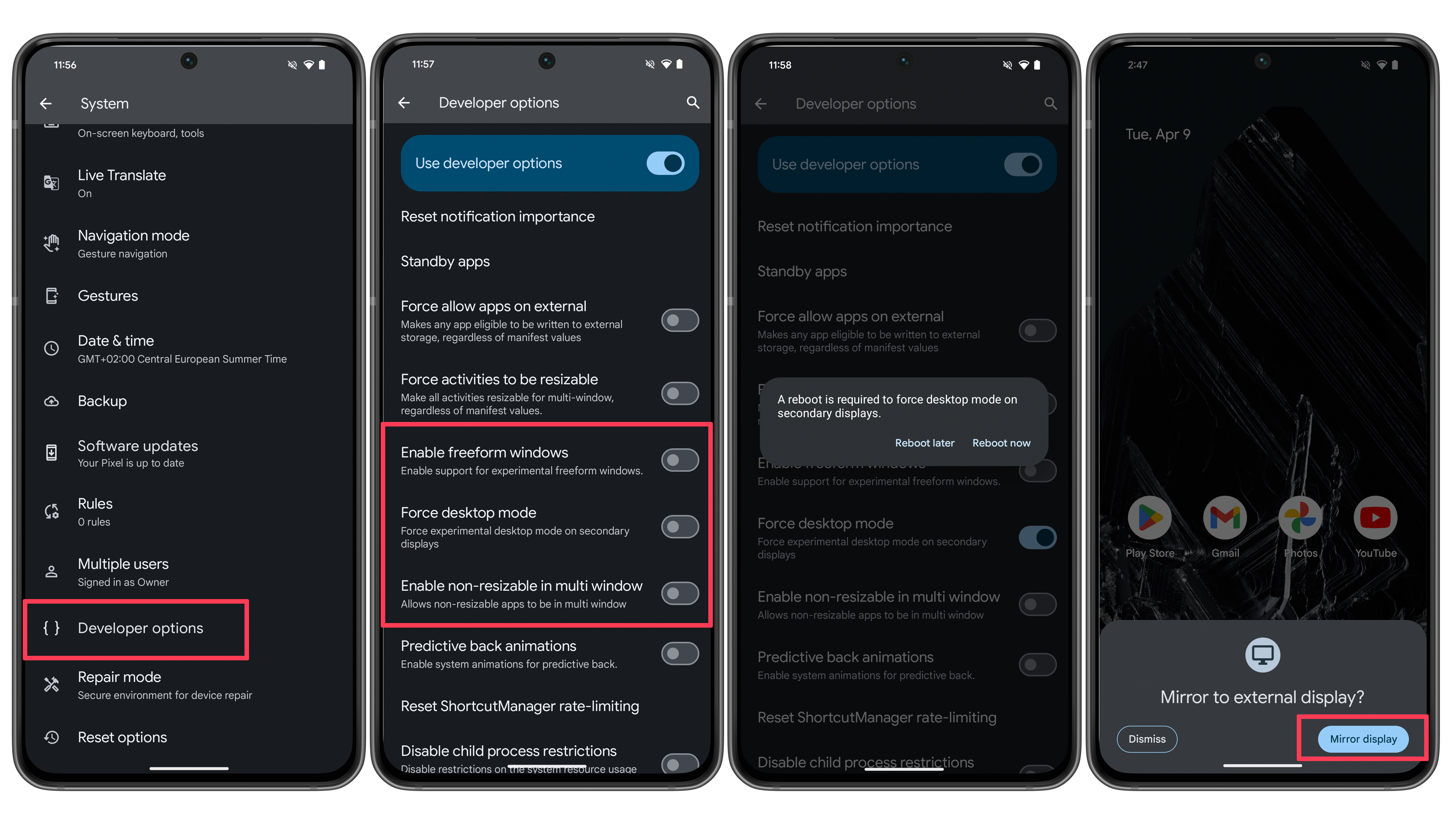 Screenshots showing how to activate the Android Desktop mode in the Developer options