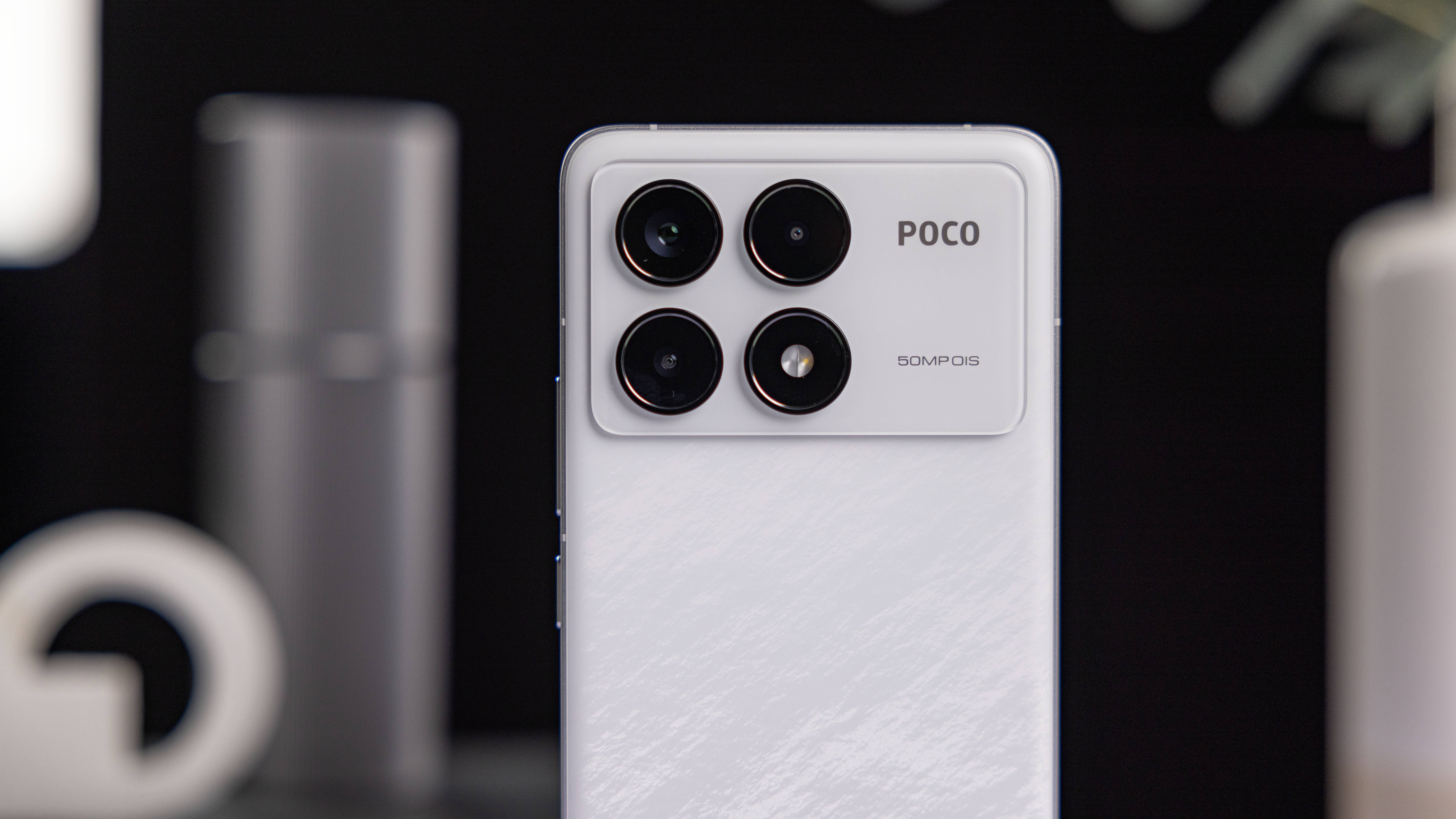 Close up at the Poco F6 Pro camera island showing four modules with three cameras and one flash ring. Close up at the Poco F6 Pro camera island showing four modules with three cameras and one flash ring.