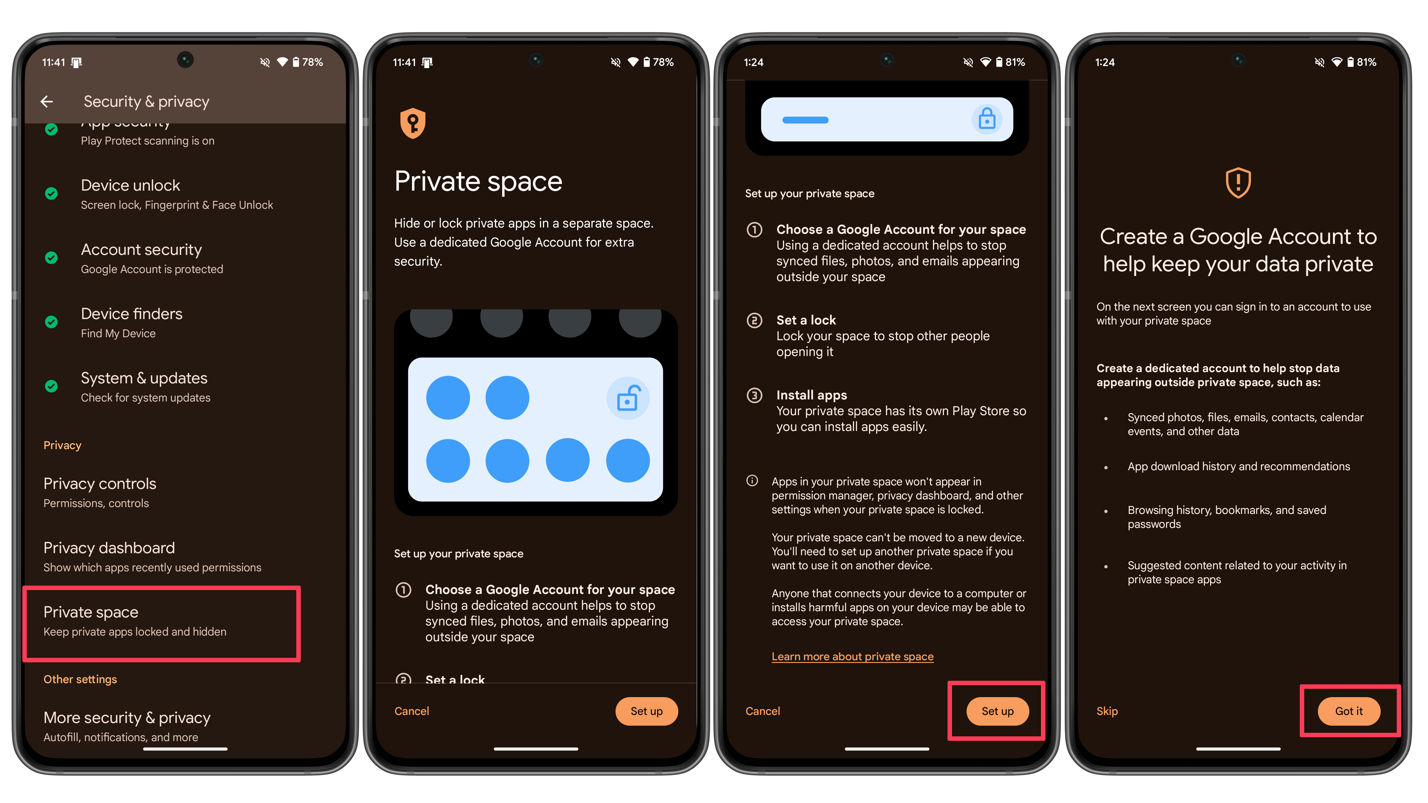 Screenshots showing the setup process for the Private space feature on Android 15 beta 3.