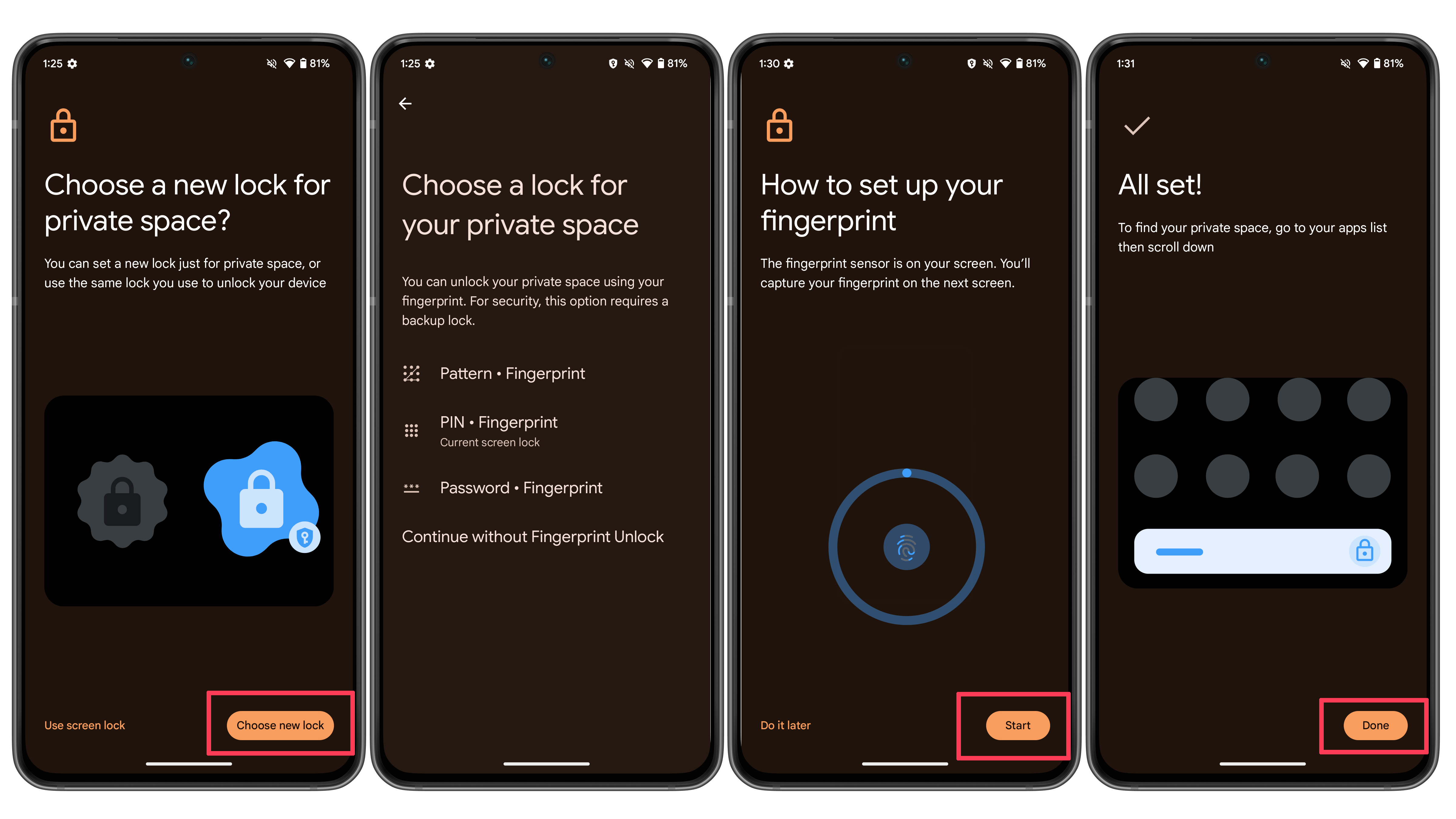 Screenshots showing the setup process for the Private space feature on Android 15 beta 3.