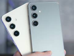 Back side of the Galaxy S24 and Galaxy S24+ displayed during the launch event