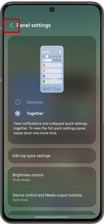 Samsung One UI 7 notification panel settings with options for panel layout.
