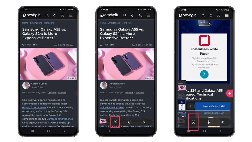 Screenshots showing how to take a scrolling screenshot on Samsung