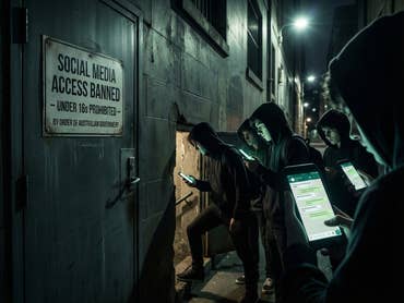 A sign announces a social media ban. Children with their eyes on their cell phones and hoodies sneak past the sign into the basement.
