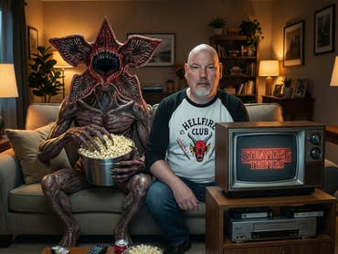 A demogorgon and Casi sit on the couch with popcorn and watch Stranger Things.