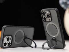 Torras Ostand case on an iPhone 15 Pro, transparent and sleek, showing the phone's design.