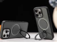 Torras Ostand case on an iPhone 15 Pro, transparent and sleek, showing the phone's design.