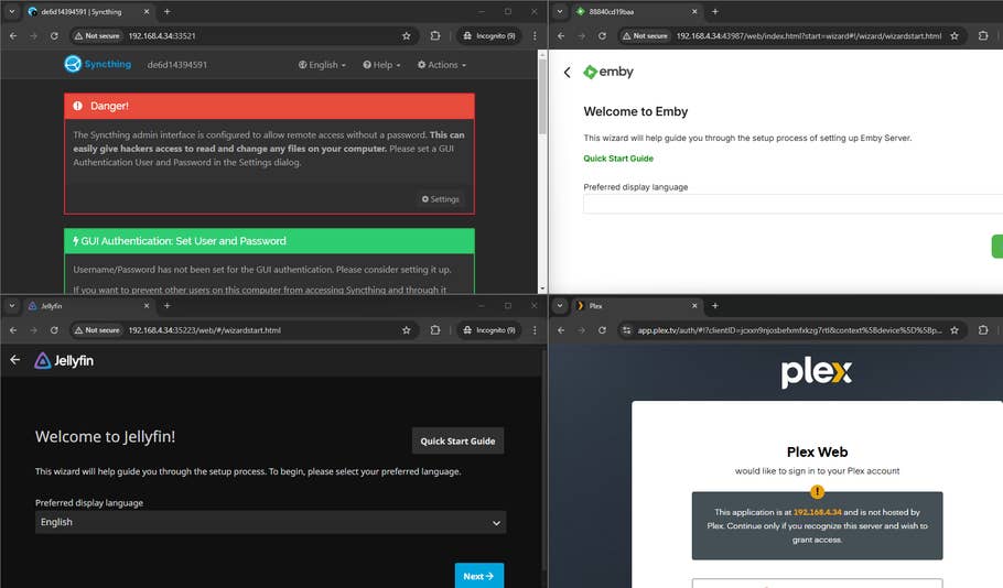 Screenshots from Docker services installed on the Ugreen NAS