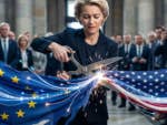 Ursula von der Leyen cuts the US and EU flags in half with a pair of scissors.