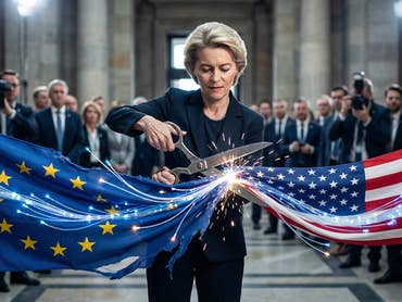 Ursula von der Leyen cuts the US and EU flags in half with a pair of scissors.