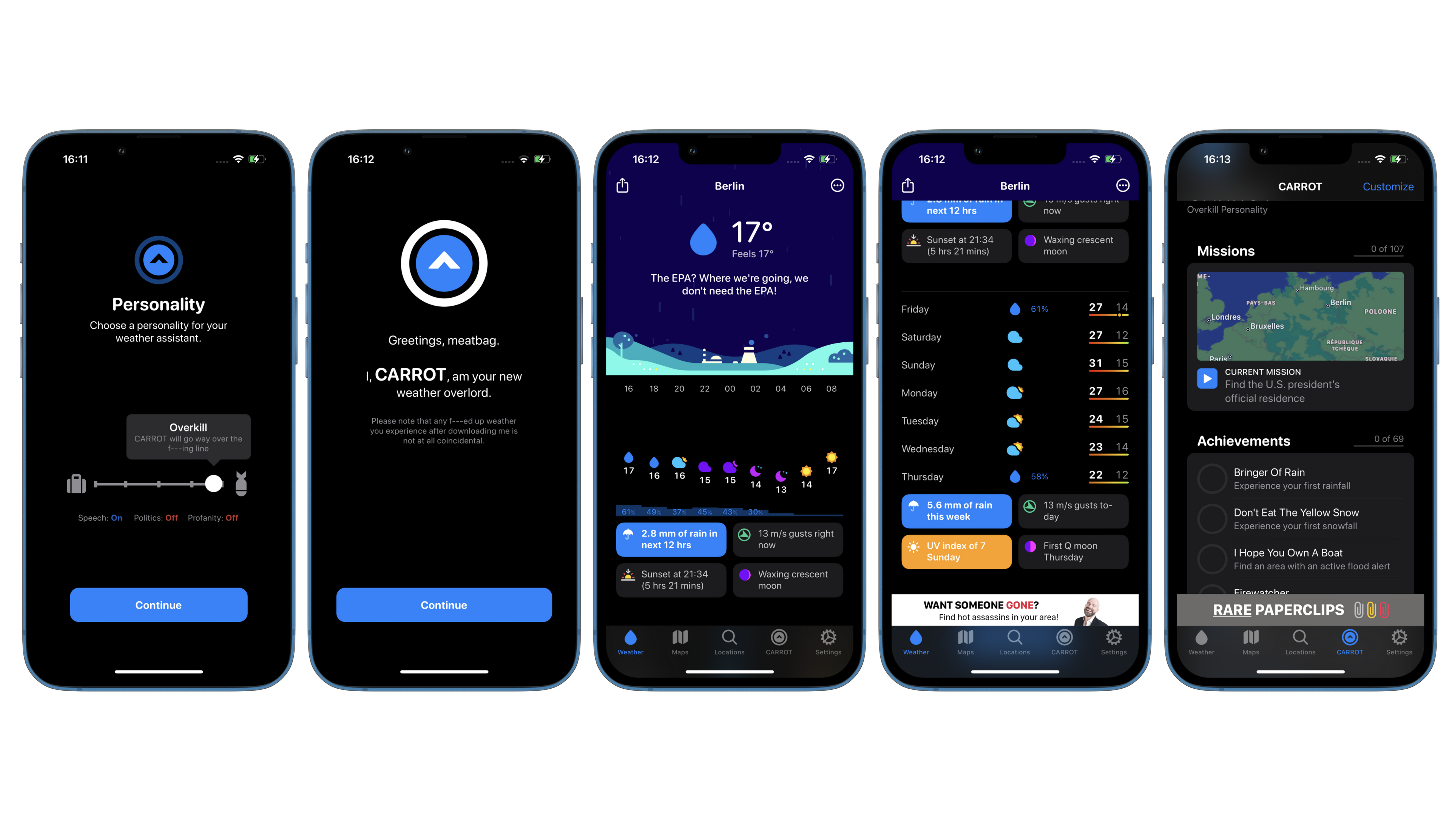 Screenshots of the Carrot Weather app user interface